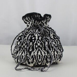 Handcrafted White Black Crocheted Intricate Drawstring Pouch Bag